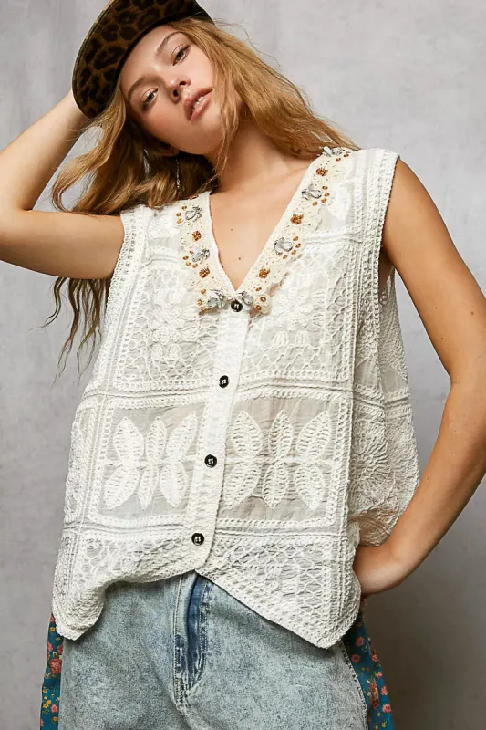 POL Lace Trim Embroidered Floral V-Neck Crochet Vest made by Trendsi