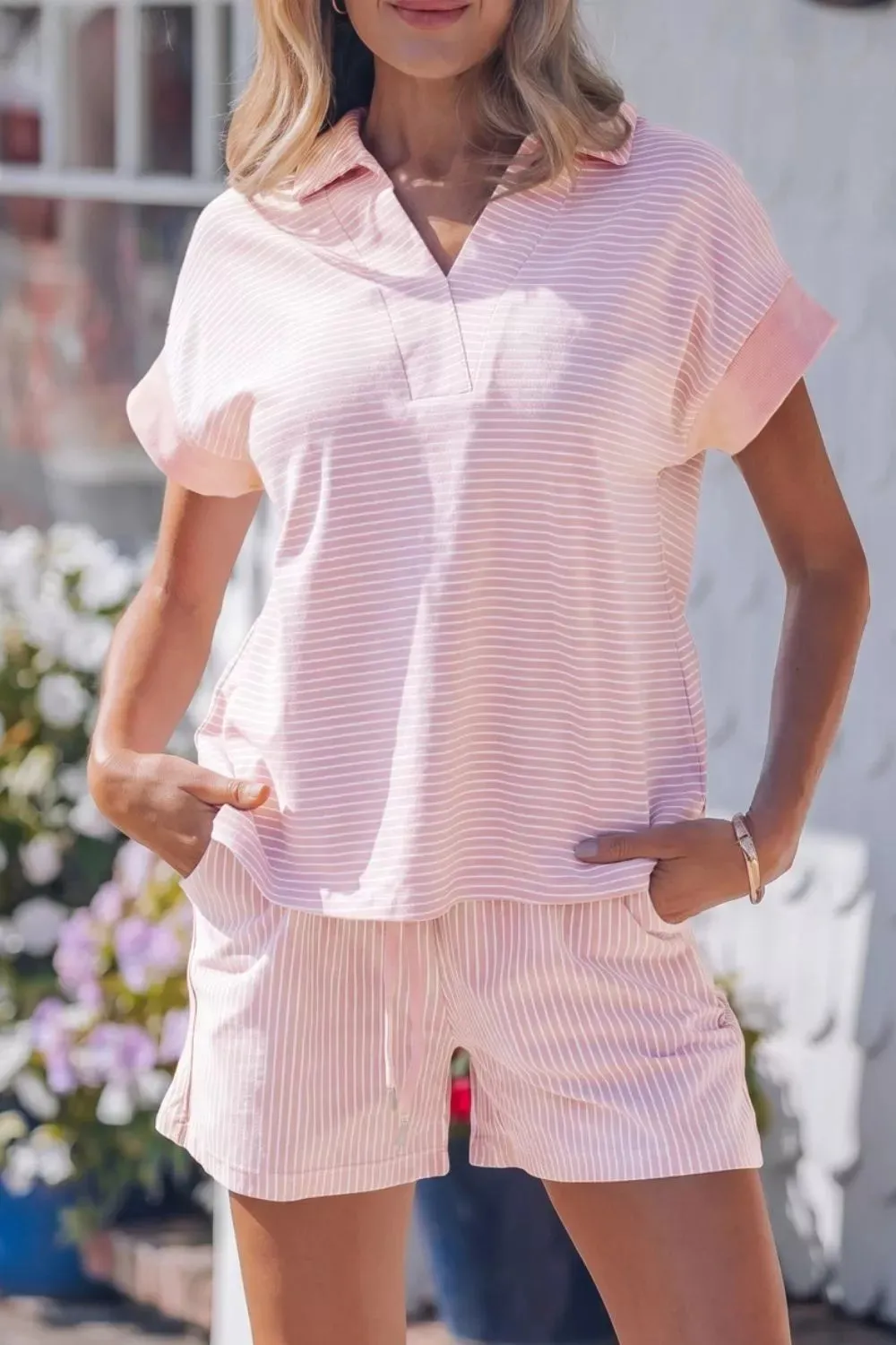 Stripe Dolman Sleeve Polo Shirt and Drawstring Shorts Set sold by Charming Charlie product image thumbnail 3