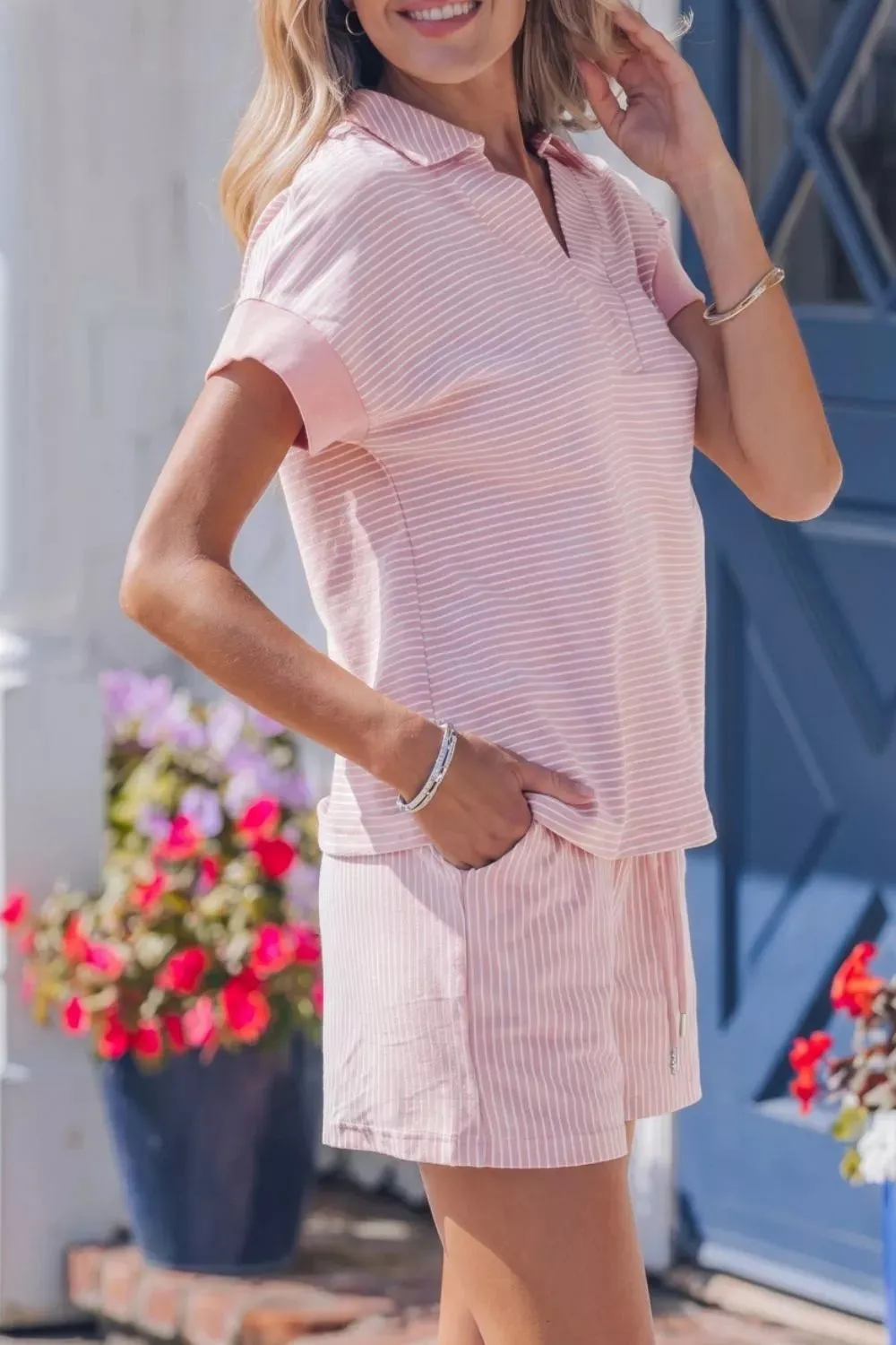 Stripe Dolman Sleeve Polo Shirt and Drawstring Shorts Set sold by Charming Charlie product image thumbnail 4