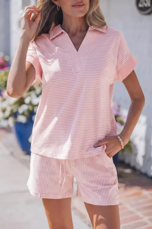 Stripe Dolman Sleeve Polo Shirt and Drawstring Shorts Set made by Trendsi