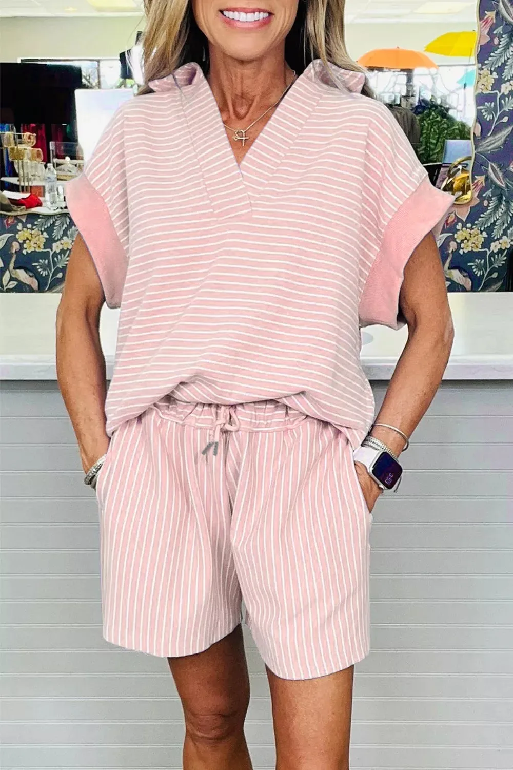 Stripe Dolman Sleeve Polo Shirt and Drawstring Shorts Set sold by Charming Charlie product image thumbnail 5