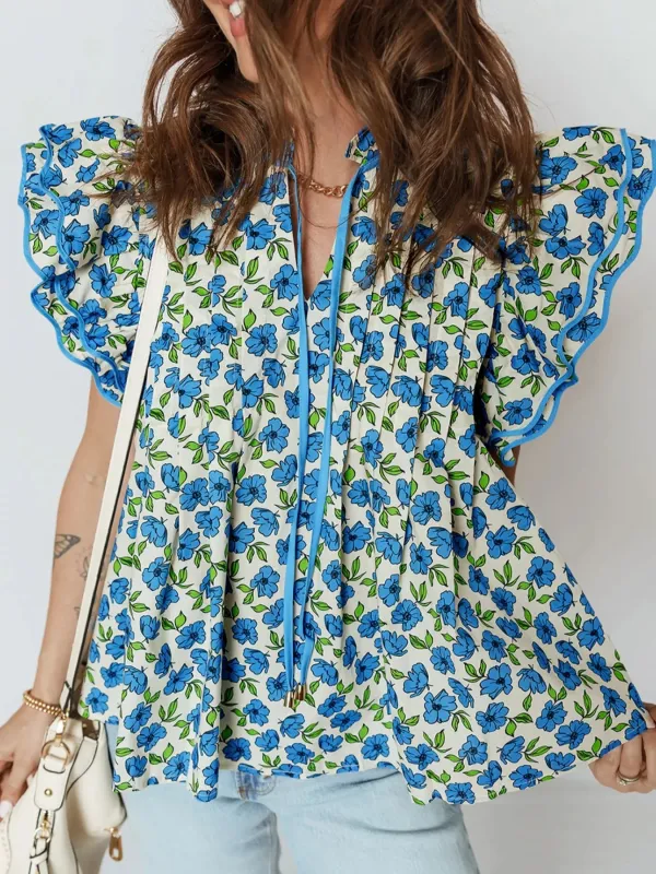 Floral Print Ruffle Sleeve Tie Neck Blouse made by Trendsi