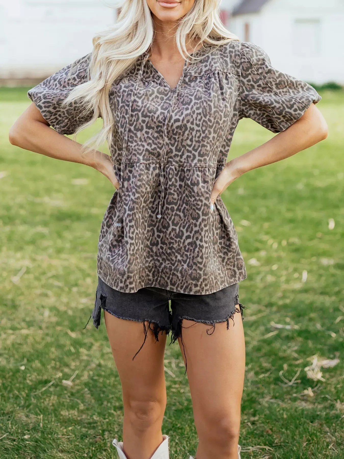 Leopard Print Ruffle Hem Denim Top sold by Charming Charlie product image thumbnail 2