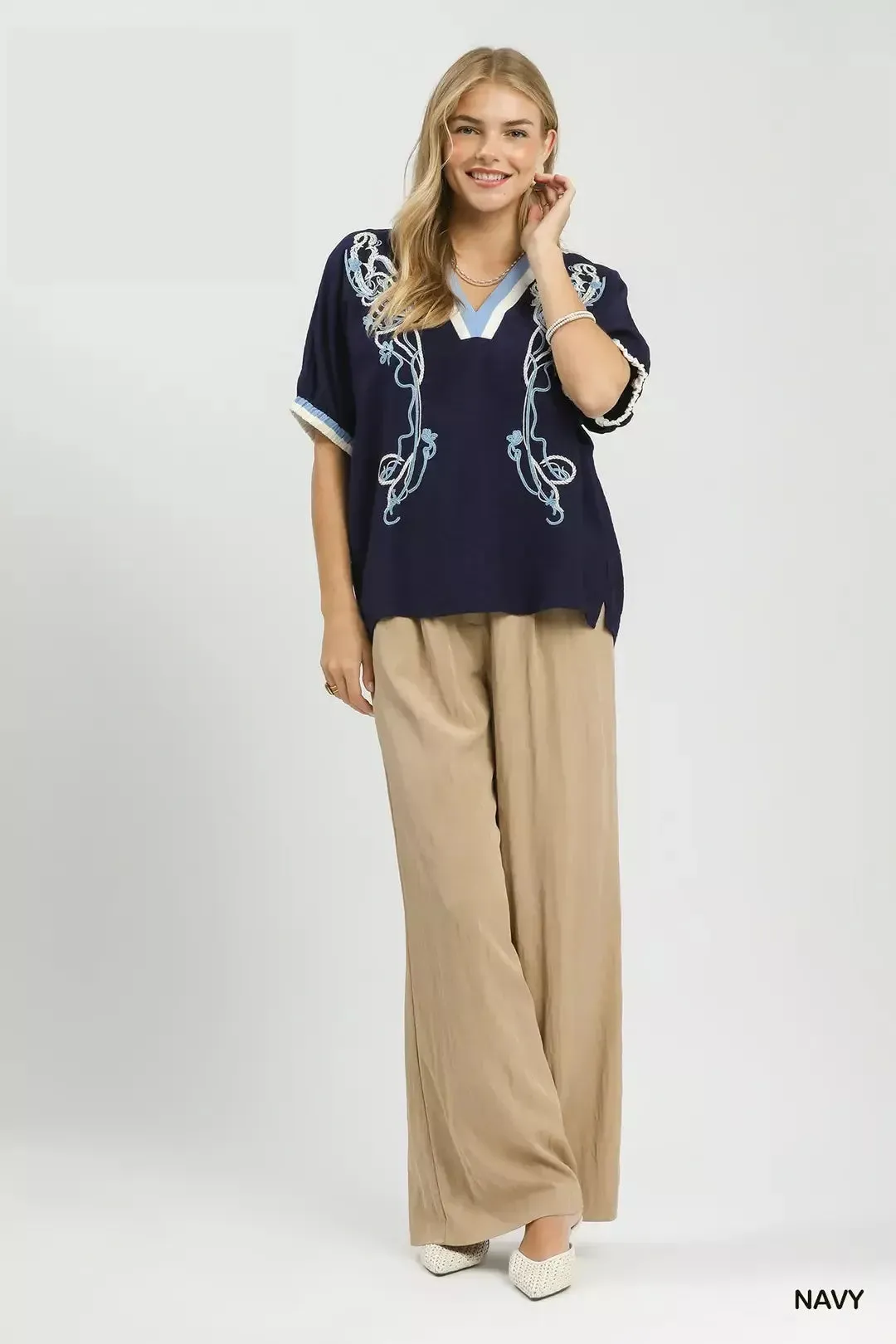 Umgee Embroidered Floral V-Neck Short Sleeve Blouse with Contrast Trim sold by Charming Charlie product image thumbnail 5