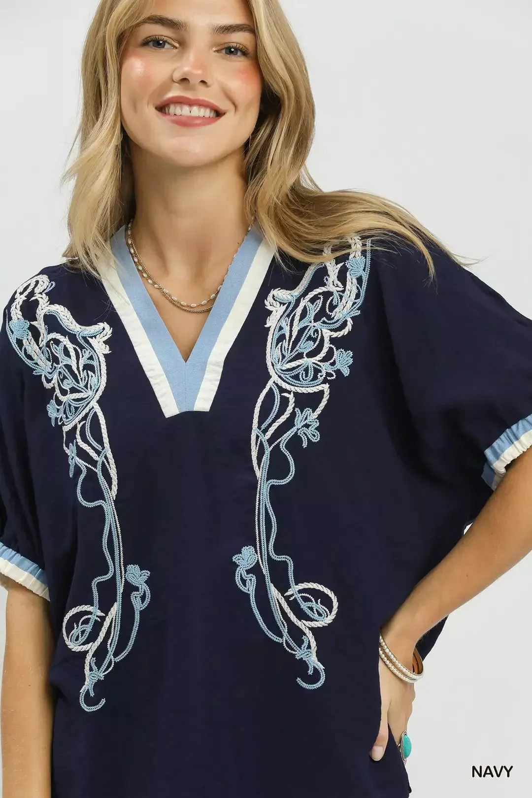 Umgee Embroidered Floral V-Neck Short Sleeve Blouse with Contrast Trim sold by Charming Charlie product image thumbnail 2