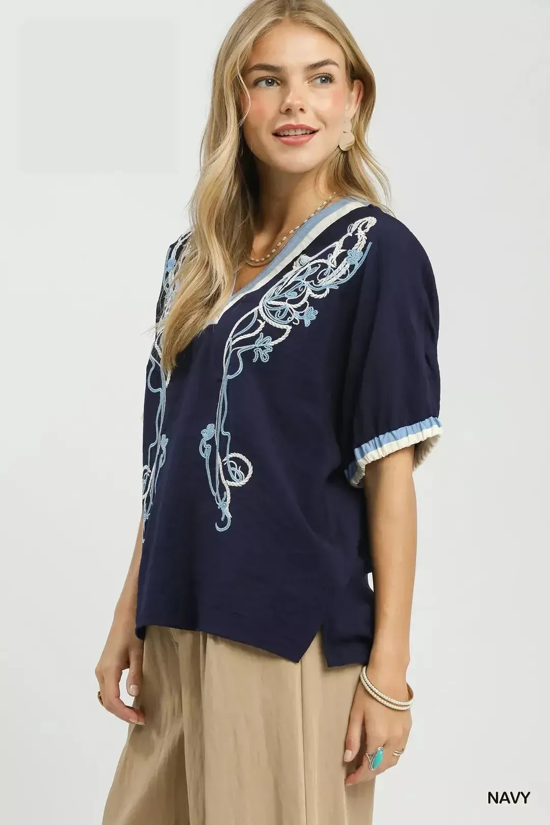 Umgee Embroidered Floral V-Neck Short Sleeve Blouse with Contrast Trim sold by Charming Charlie product image thumbnail 3