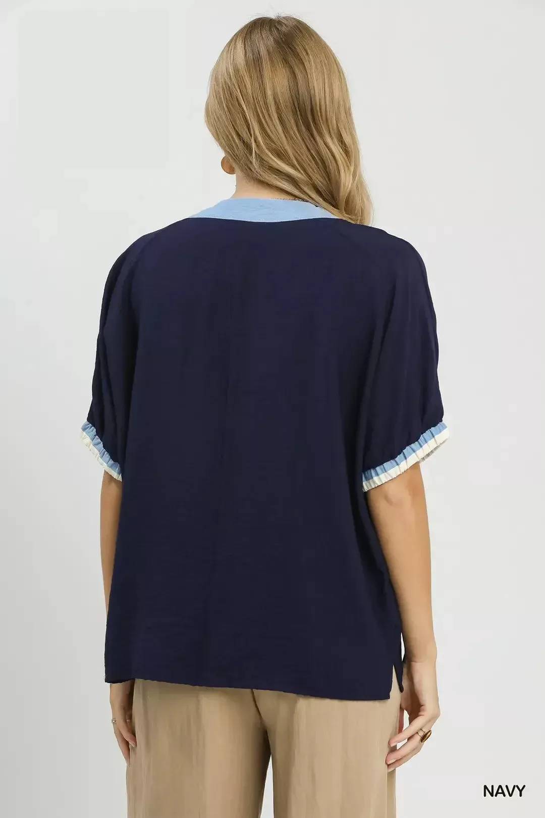 Umgee Embroidered Floral V-Neck Short Sleeve Blouse with Contrast Trim sold by Charming Charlie product image thumbnail 4