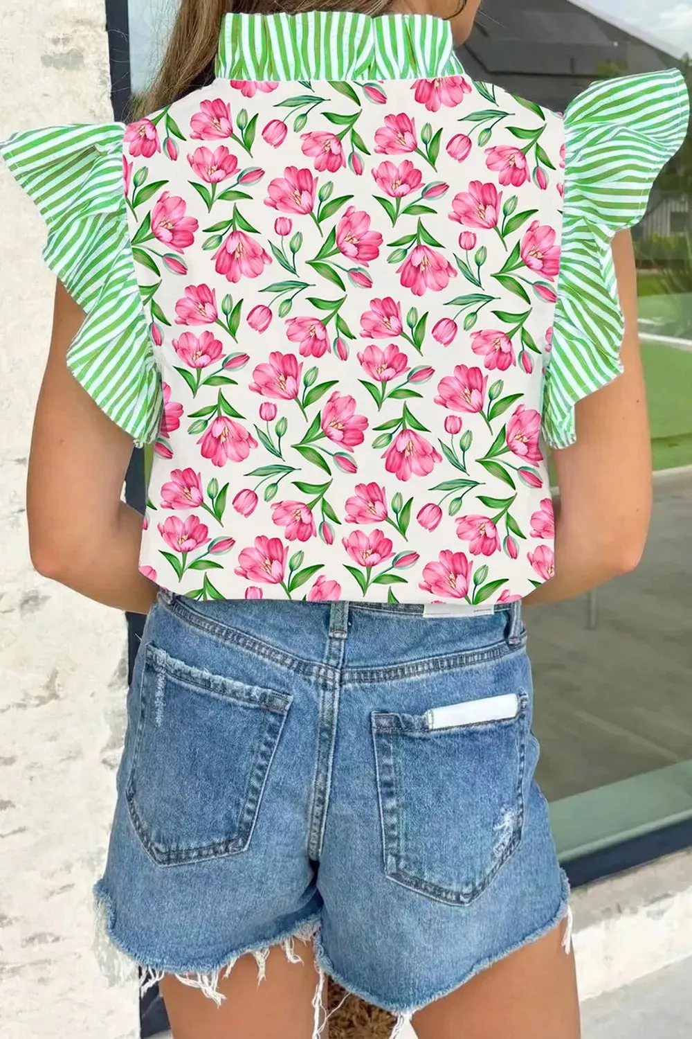 Floral Print Striped Ruffle Trim V Neck Blouse sold by Charming Charlie product image thumbnail 4