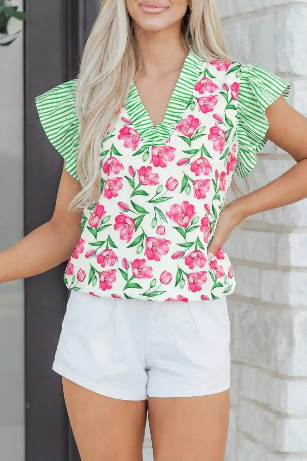 Floral Print Striped Ruffle Trim V Neck Blouse sold by Charming Charlie
