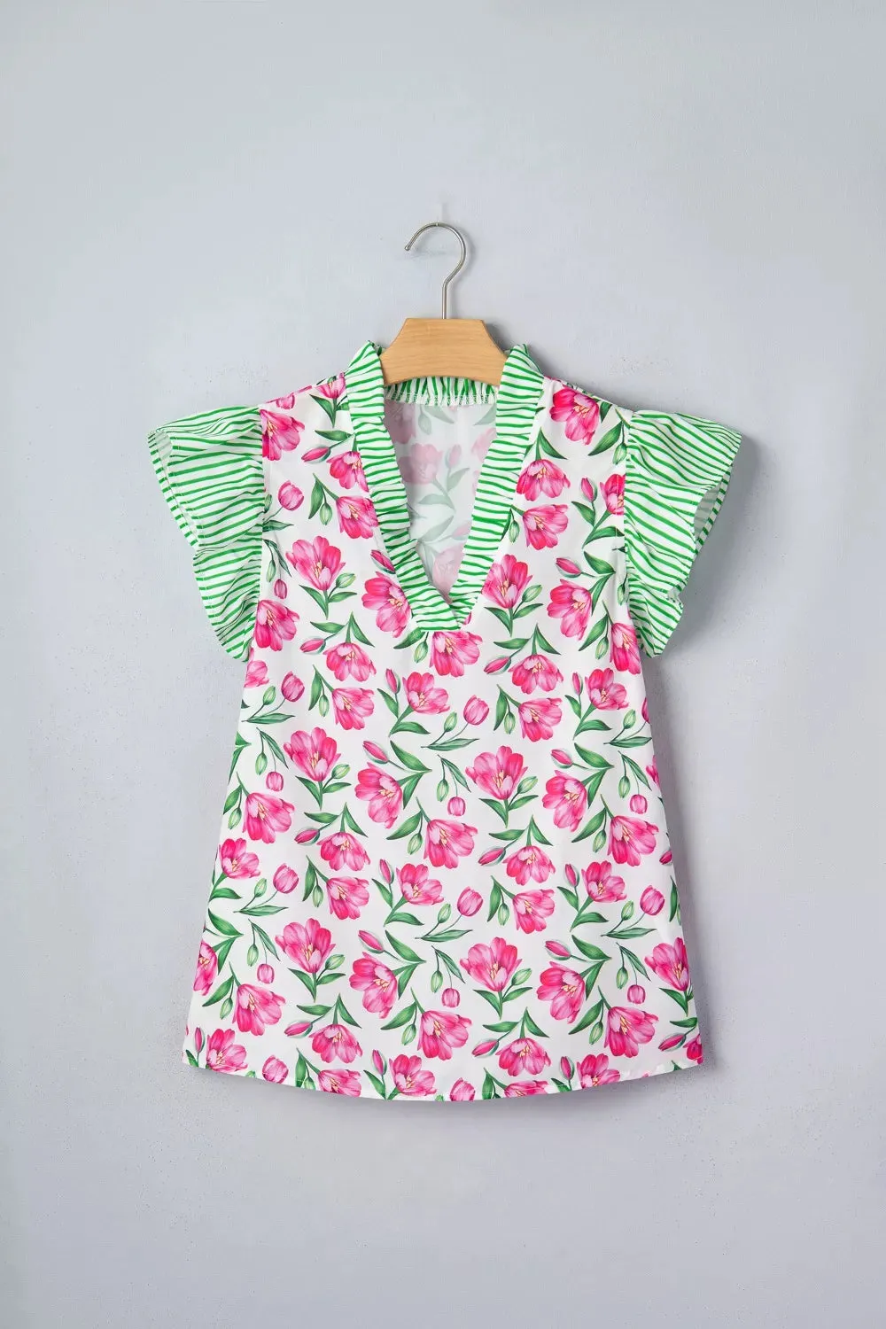 Floral Print Striped Ruffle Trim V Neck Blouse sold by Charming Charlie product image thumbnail 5