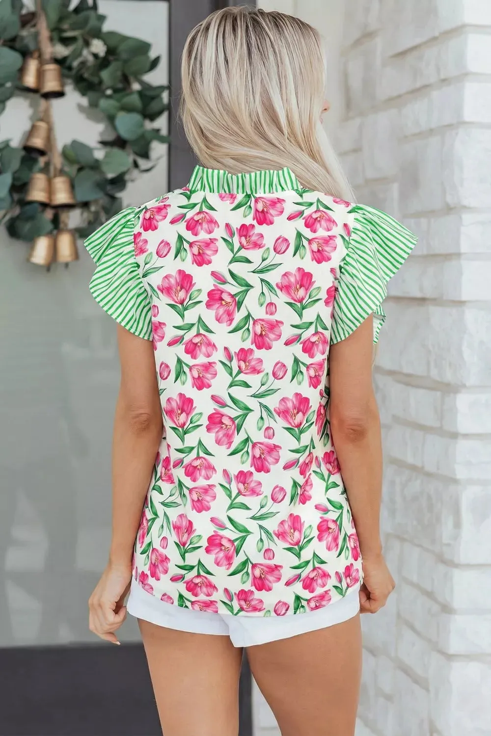 Floral Print Striped Ruffle Trim V Neck Blouse sold by Charming Charlie product image thumbnail 2