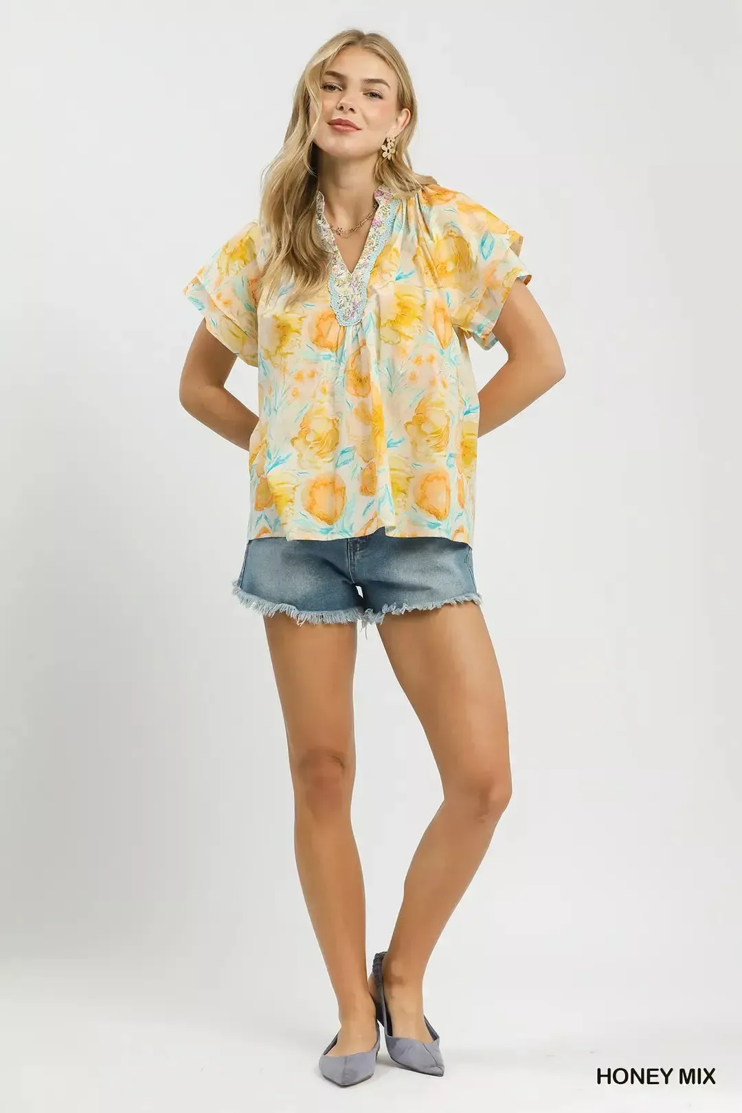 Umgee Mix Floral Print Blouse with Crochet Lace Trim sold by Charming Charlie product image thumbnail 5