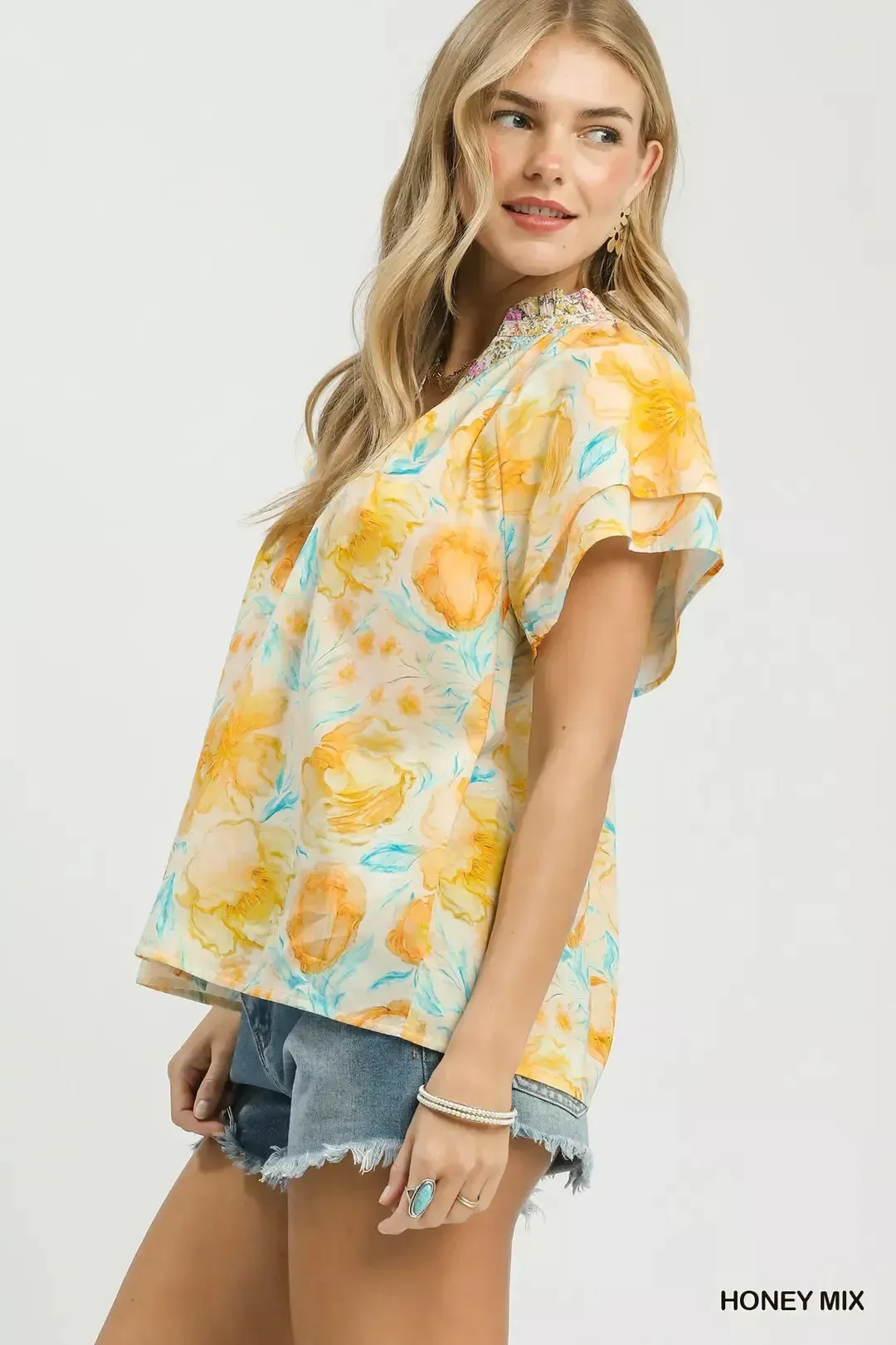 Umgee Mix Floral Print Blouse with Crochet Lace Trim sold by Charming Charlie product image thumbnail 2