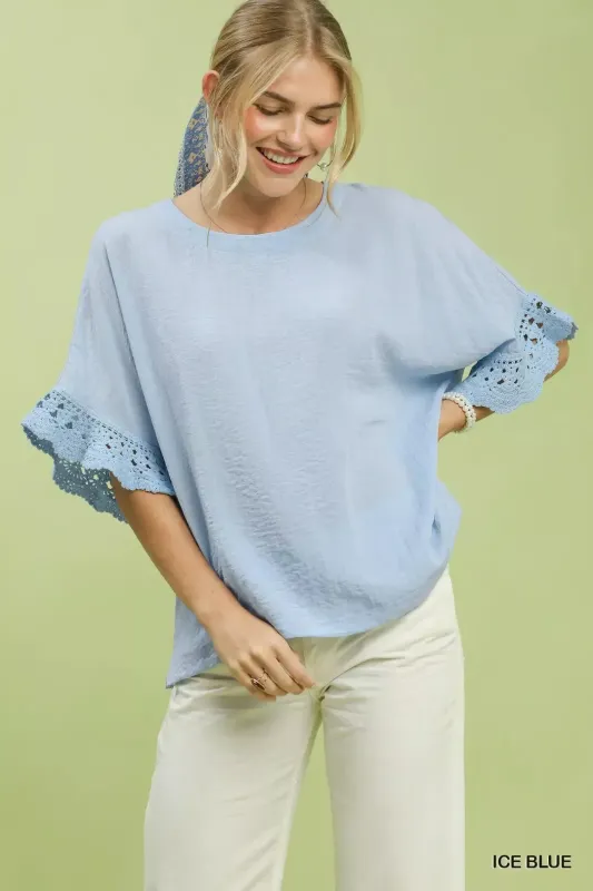 Umgee Crochet Trim Flutter Sleeve Top made by Trendsi