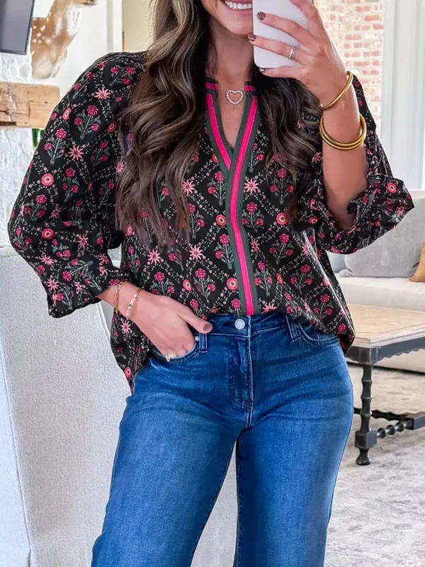 Contrast V Neckline Bracelet Sleeve Vintage Floral Blouse made by Trendsi