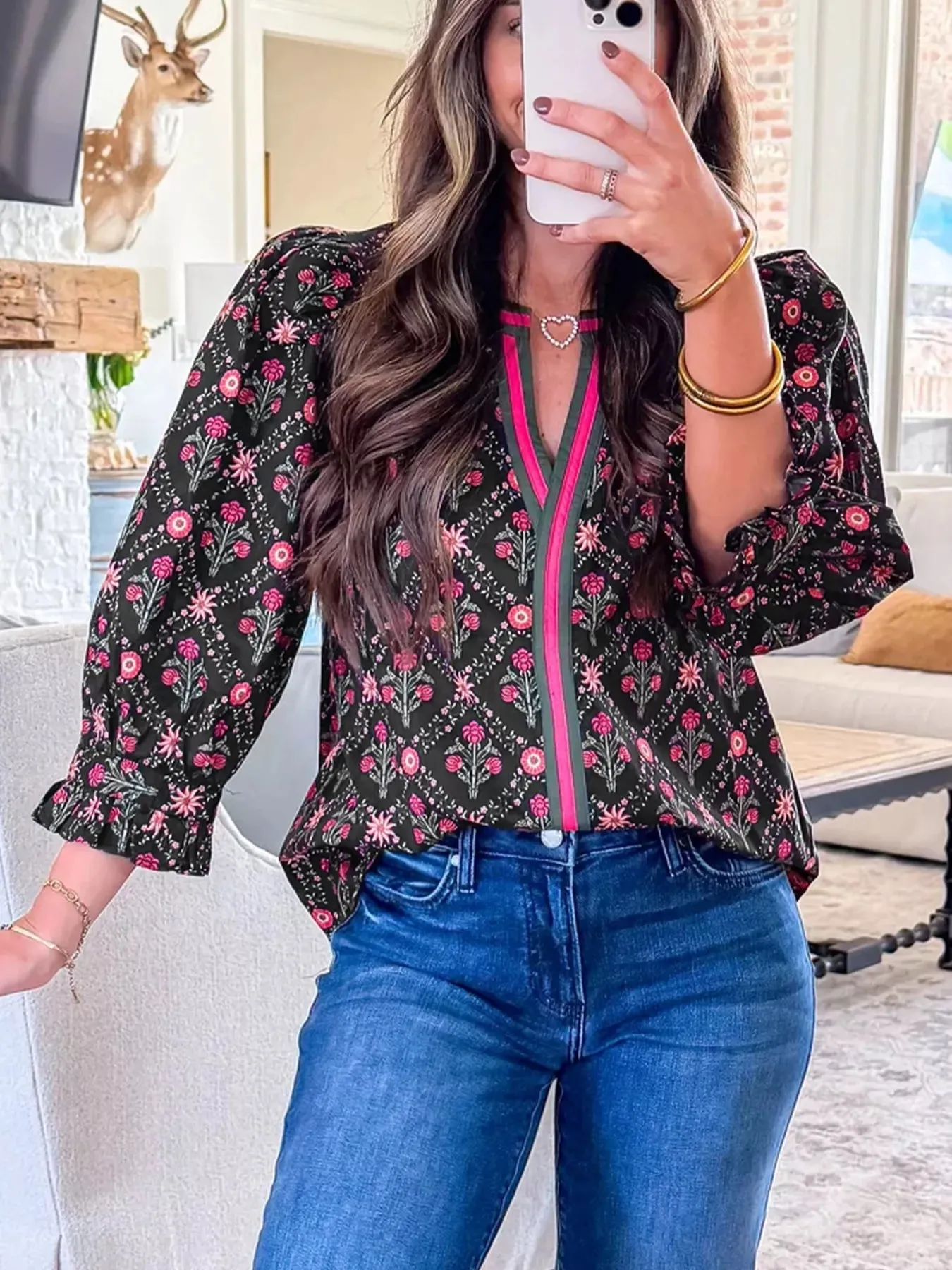 Contrast V Neckline Bracelet Sleeve Vintage Floral Blouse sold by Charming Charlie product image thumbnail 2