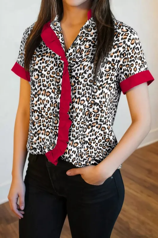 Contrast Frilled V Neck Trimmed Leopard Shirt made by Trendsi