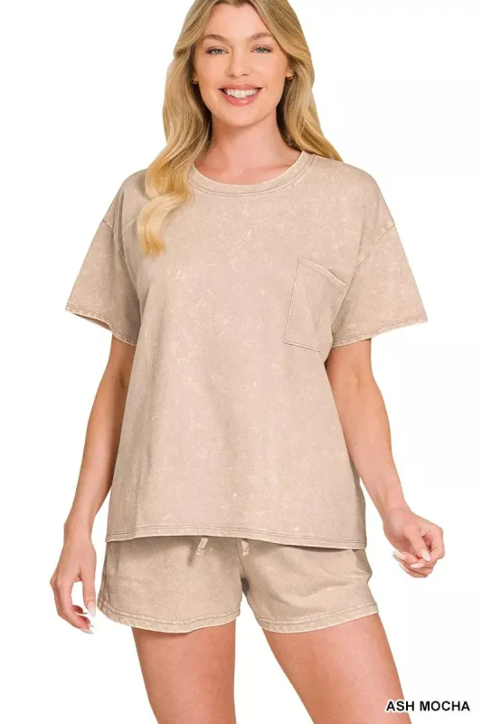 Zenana French Terry Acid Washed Relaxed Top & Short Set made by Trendsi