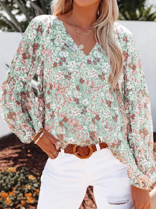 Full Size Floral Print V-Neck Long Sleeve Blouse Plus Size made by Trendsi