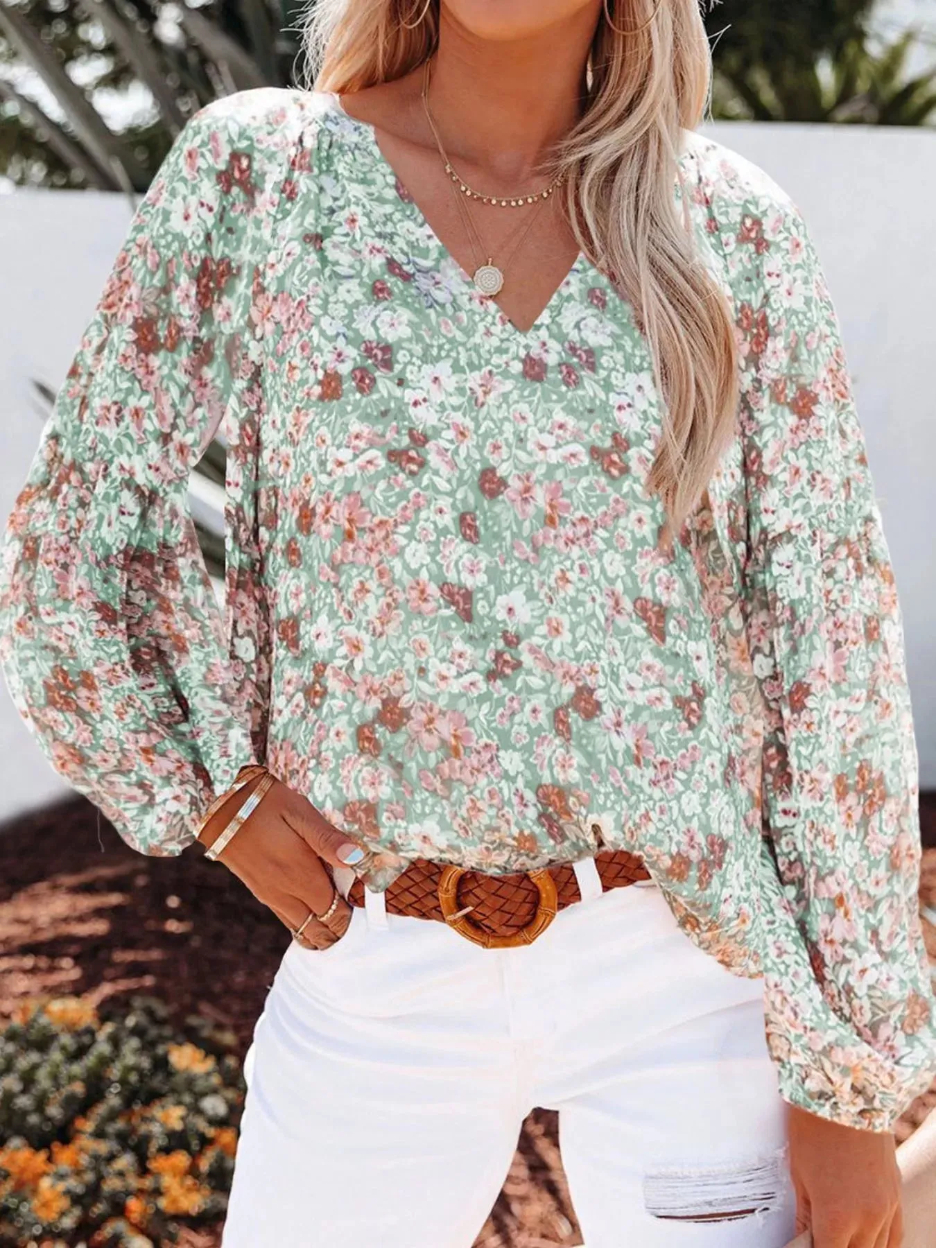 Full Size Floral Print V-Neck Long Sleeve Blouse Plus Size sold by Charming Charlie