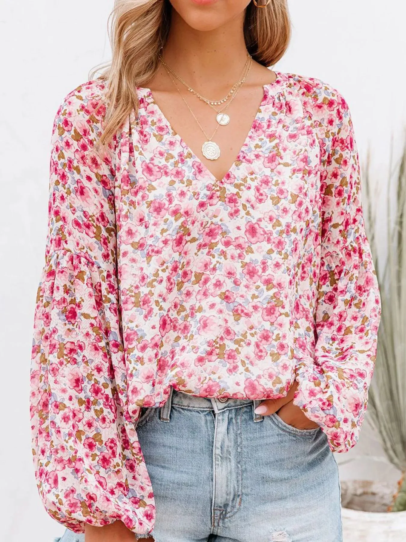 Full Size Floral Print V-Neck Long Sleeve Blouse Plus Size sold by Charming Charlie product image thumbnail 5