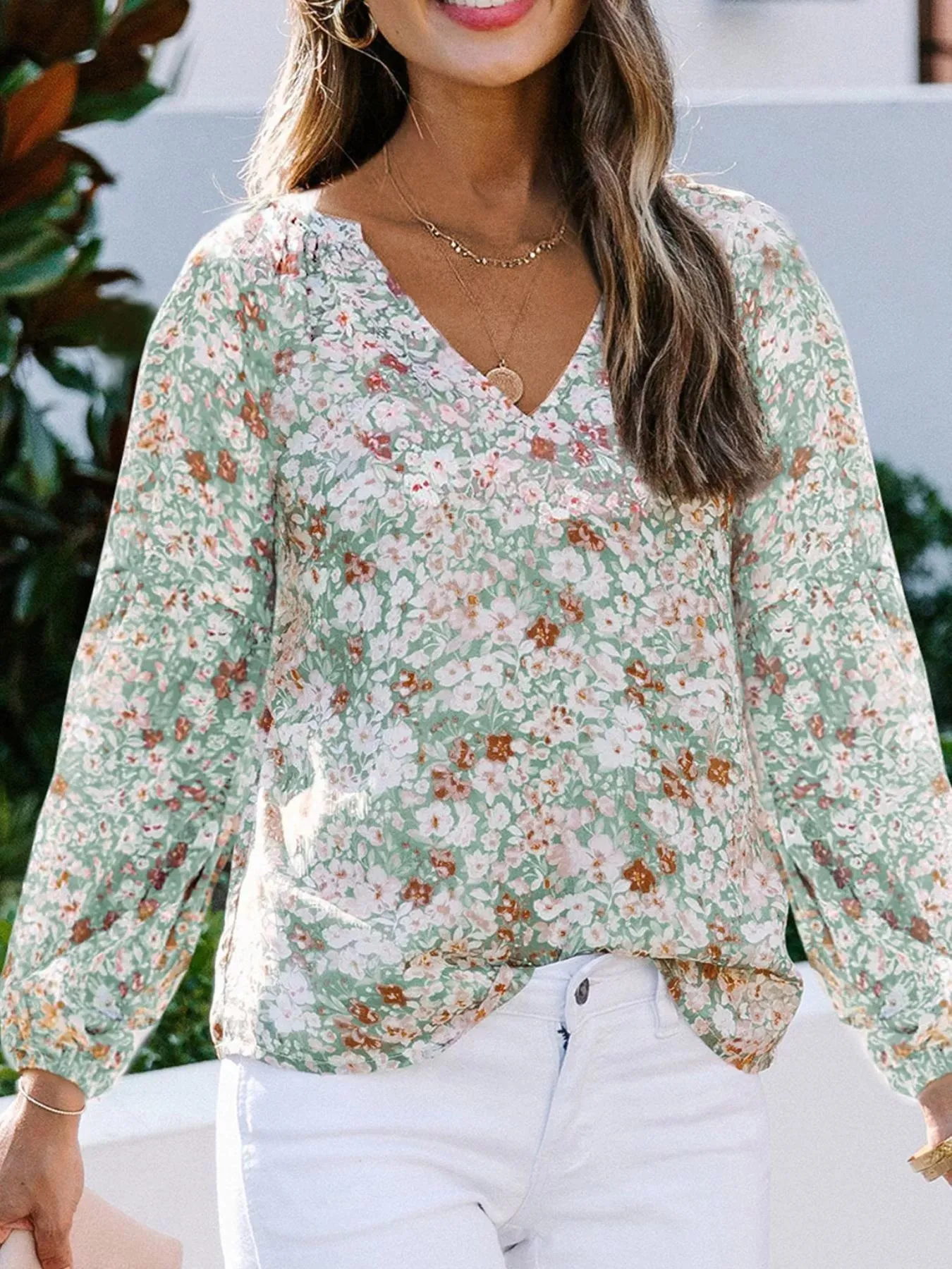 Full Size Floral Print V-Neck Long Sleeve Blouse Plus Size sold by Charming Charlie product image thumbnail 2
