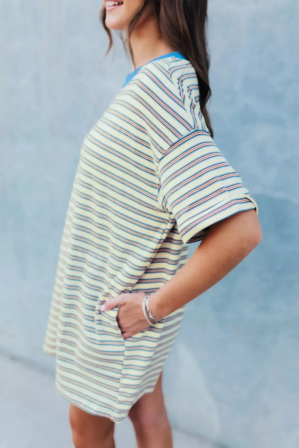 Stripe Drop Shoulder Cuffed Sleeve Loose Tunic T Shirt Mini Dress sold by Charming Charlie product image thumbnail 4