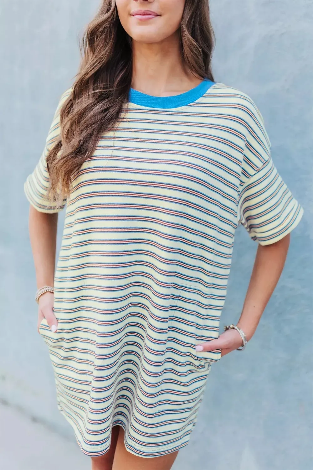Stripe Drop Shoulder Cuffed Sleeve Loose Tunic T Shirt Mini Dress sold by Charming Charlie