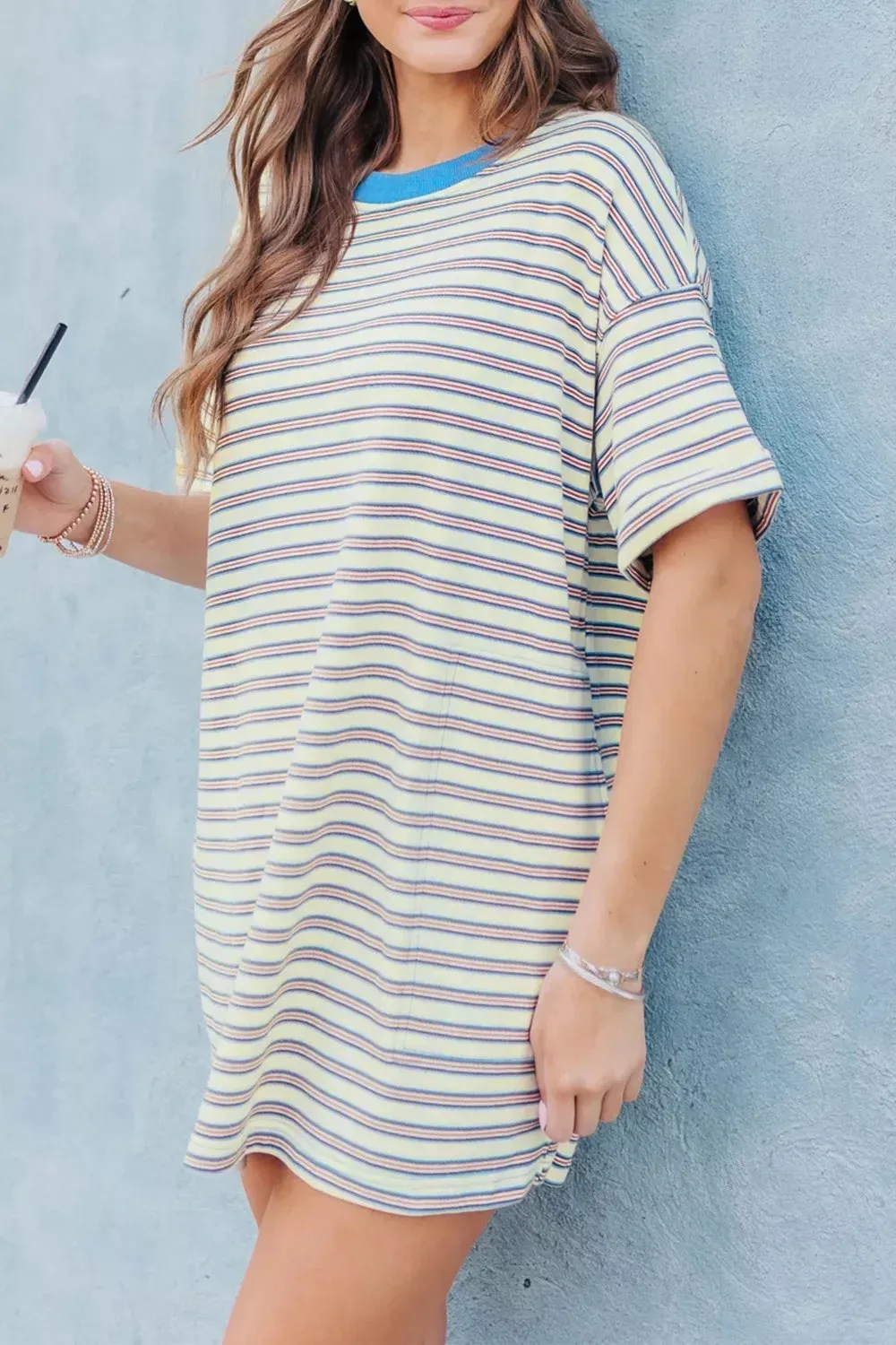 Stripe Drop Shoulder Cuffed Sleeve Loose Tunic T Shirt Mini Dress sold by Charming Charlie product image thumbnail 2