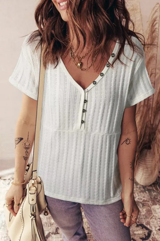 Ribbed Knit Button Detail V-Neck T-Shirt made by Trendsi