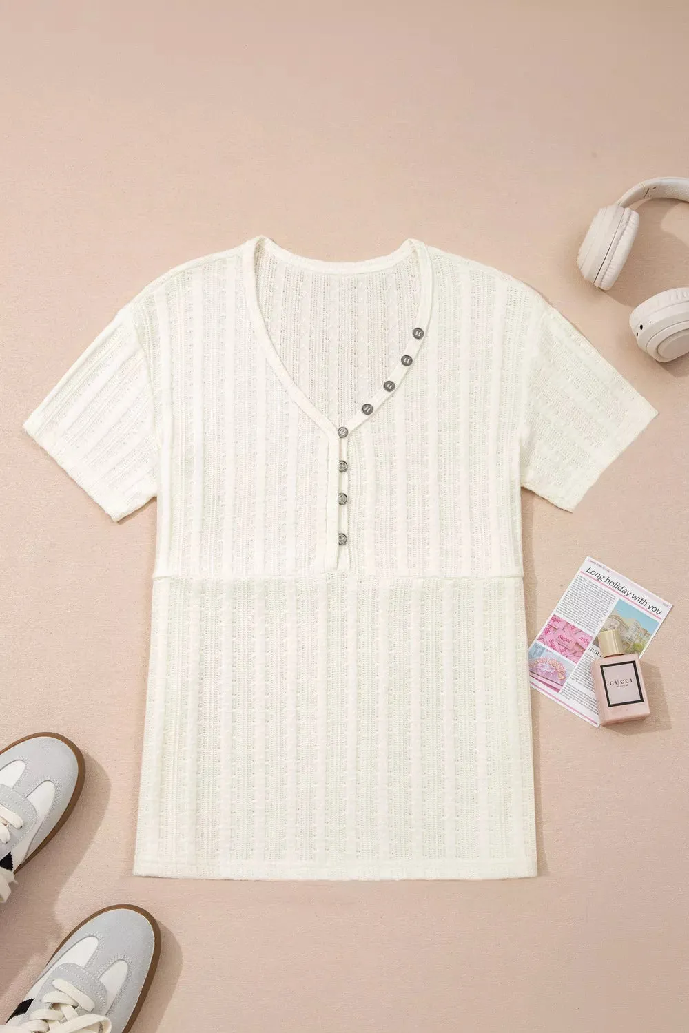 Ribbed Knit Button Detail V-Neck T-Shirt sold by Charming Charlie product image thumbnail 3