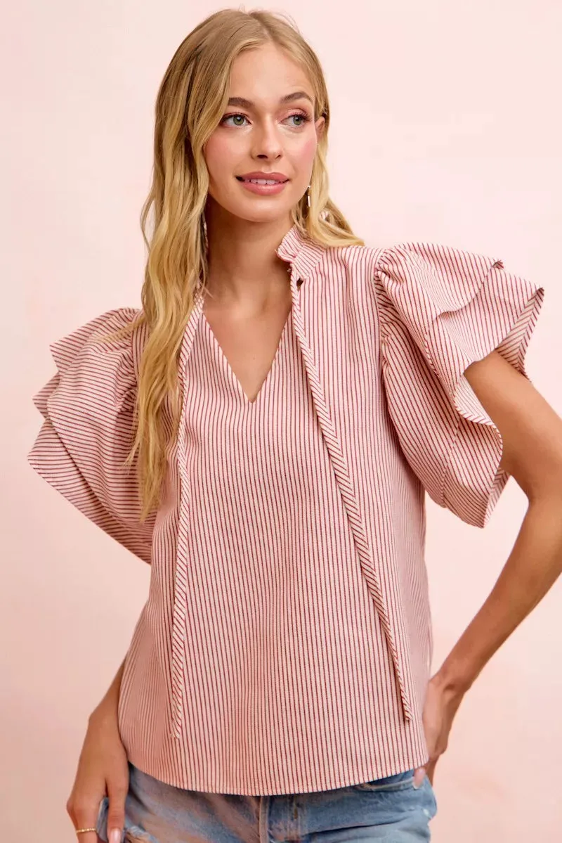 BiBi Twill Striped Ruffle Sleeve Blouse sold by Charming Charlie