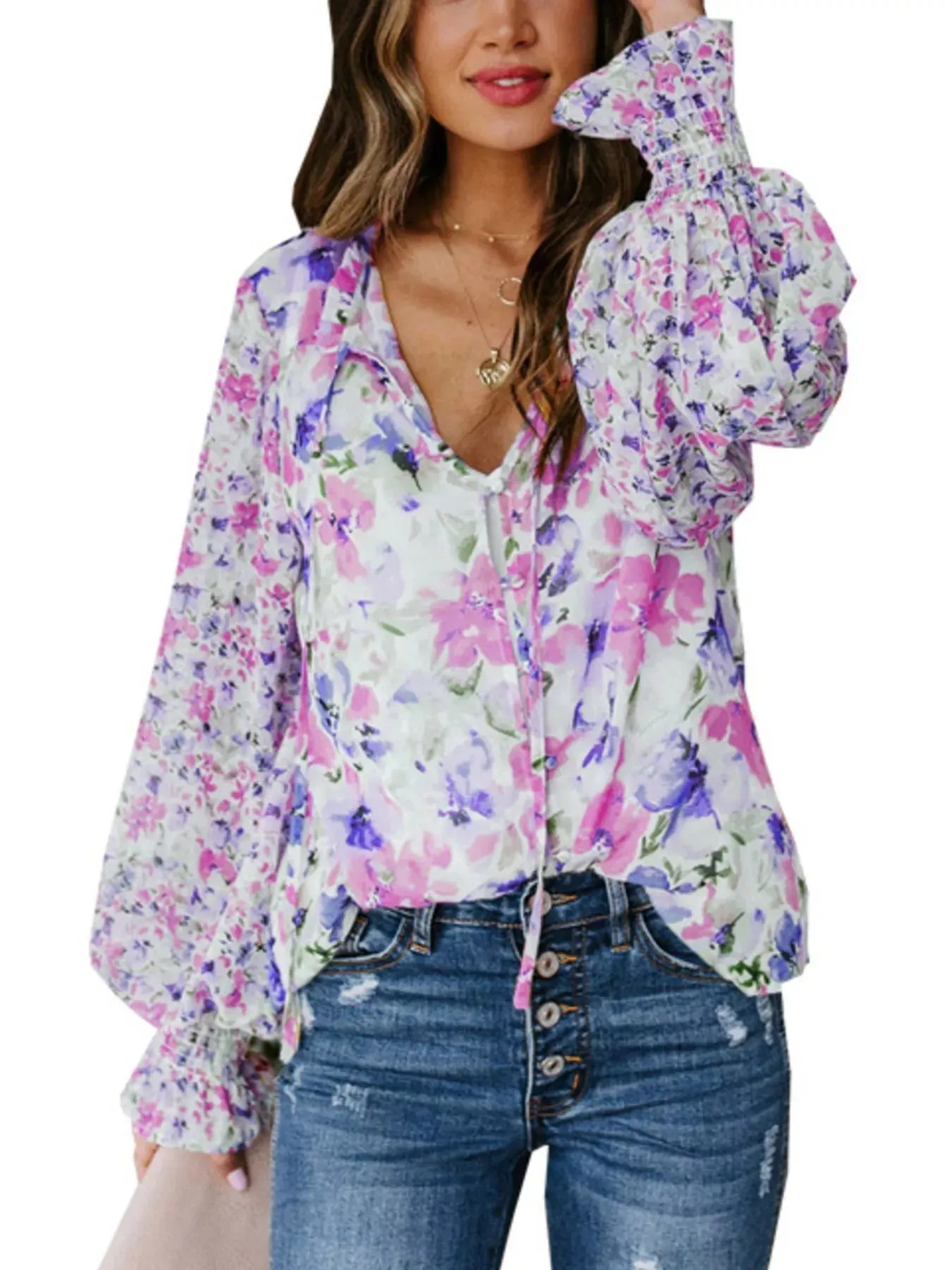 Full Size Floral Print Smocked Cuff Blouse Plus Size sold by Charming Charlie product image thumbnail 4