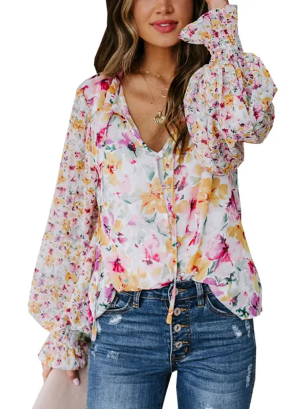 Full Size Floral Print Smocked Cuff Blouse Plus Size made by Trendsi