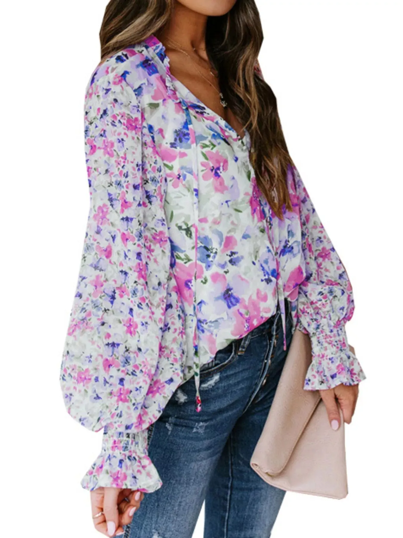 Full Size Floral Print Smocked Cuff Blouse Plus Size sold by Charming Charlie product image thumbnail 5
