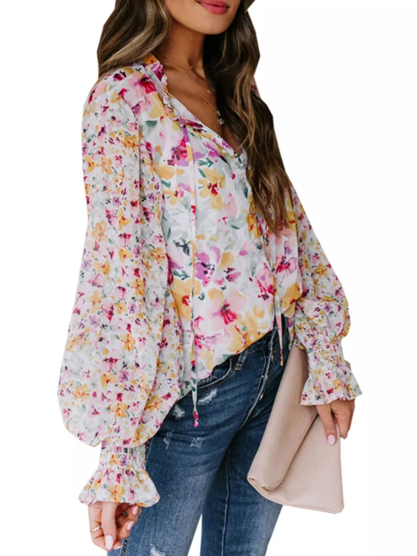 Full Size Floral Print Smocked Cuff Blouse Plus Size sold by Charming Charlie product image thumbnail 2
