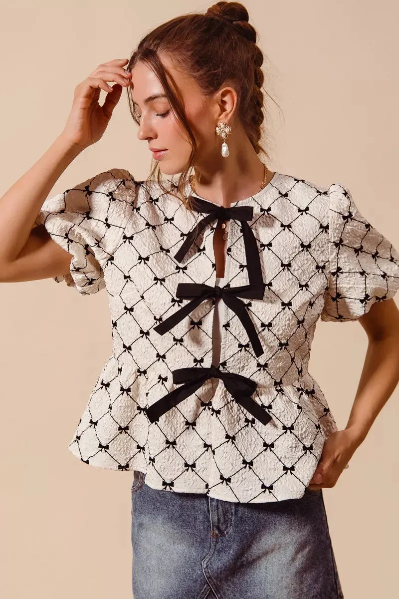 SO ME Bow Texture Woven Peplum Top With Contrast Tie sold by Charming Charlie product image thumbnail 5