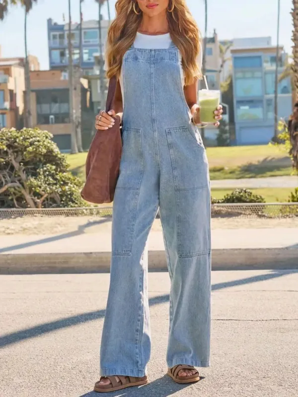 Wash Wide-Leg Denim Overalls made by Trendsi