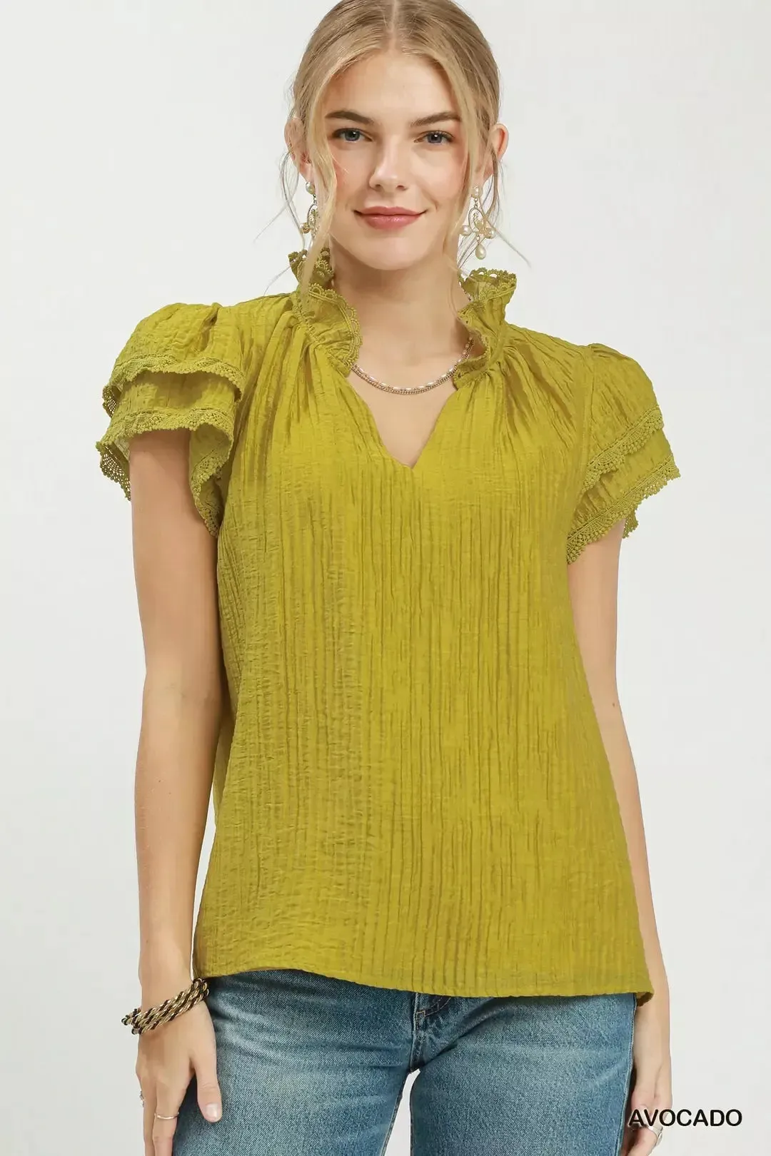 Umgee Lace Trim Ruffle Top sold by Charming Charlie