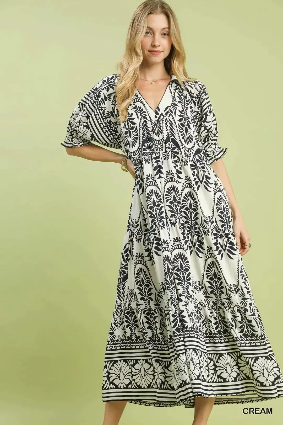 Umgee Two tone Border Print Midi Dress sold by Charming Charlie