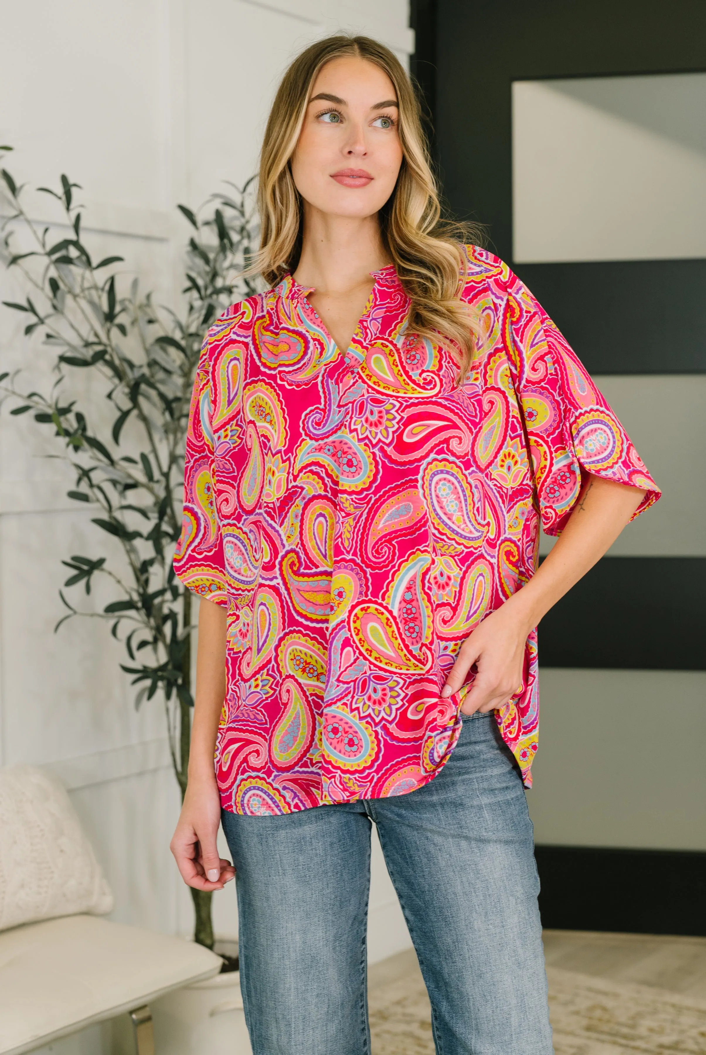 Lizzy Breeze Top in Hot Pink Paisley sold by Charming Charlie