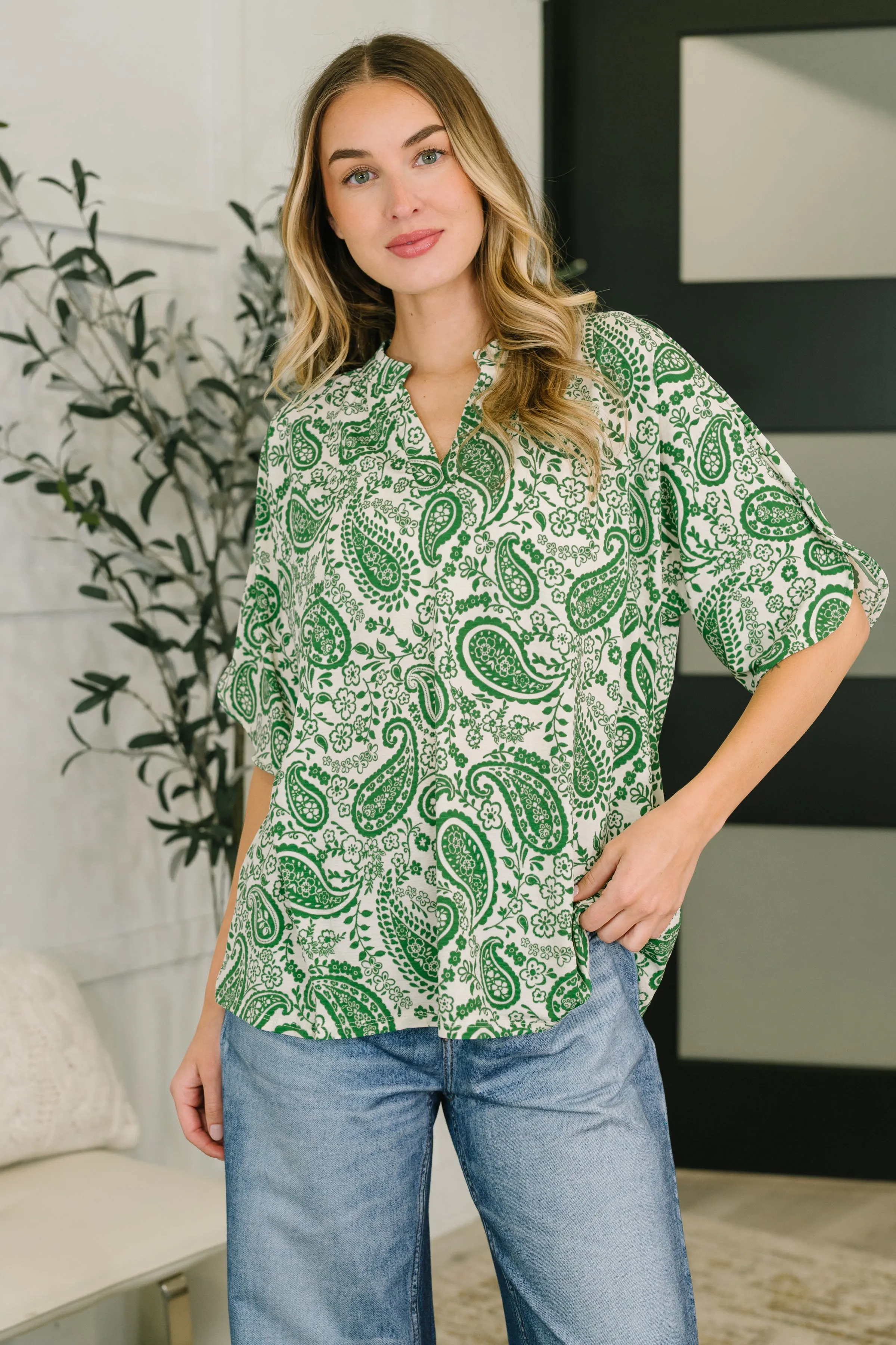 Lizzy Breeze Top in Green Paisley sold by Charming Charlie