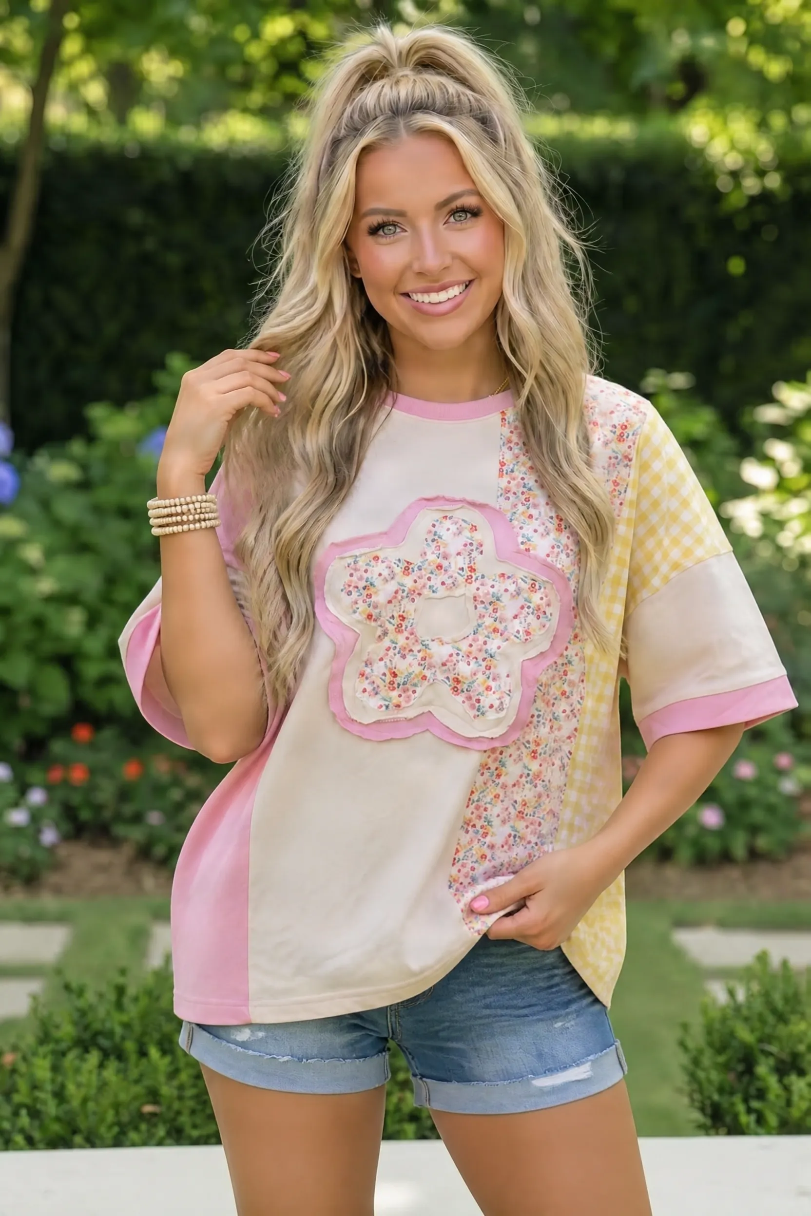 Patchwork Flower Oversized Tee in Pink and Yellow sold by Charming Charlie product image thumbnail 5