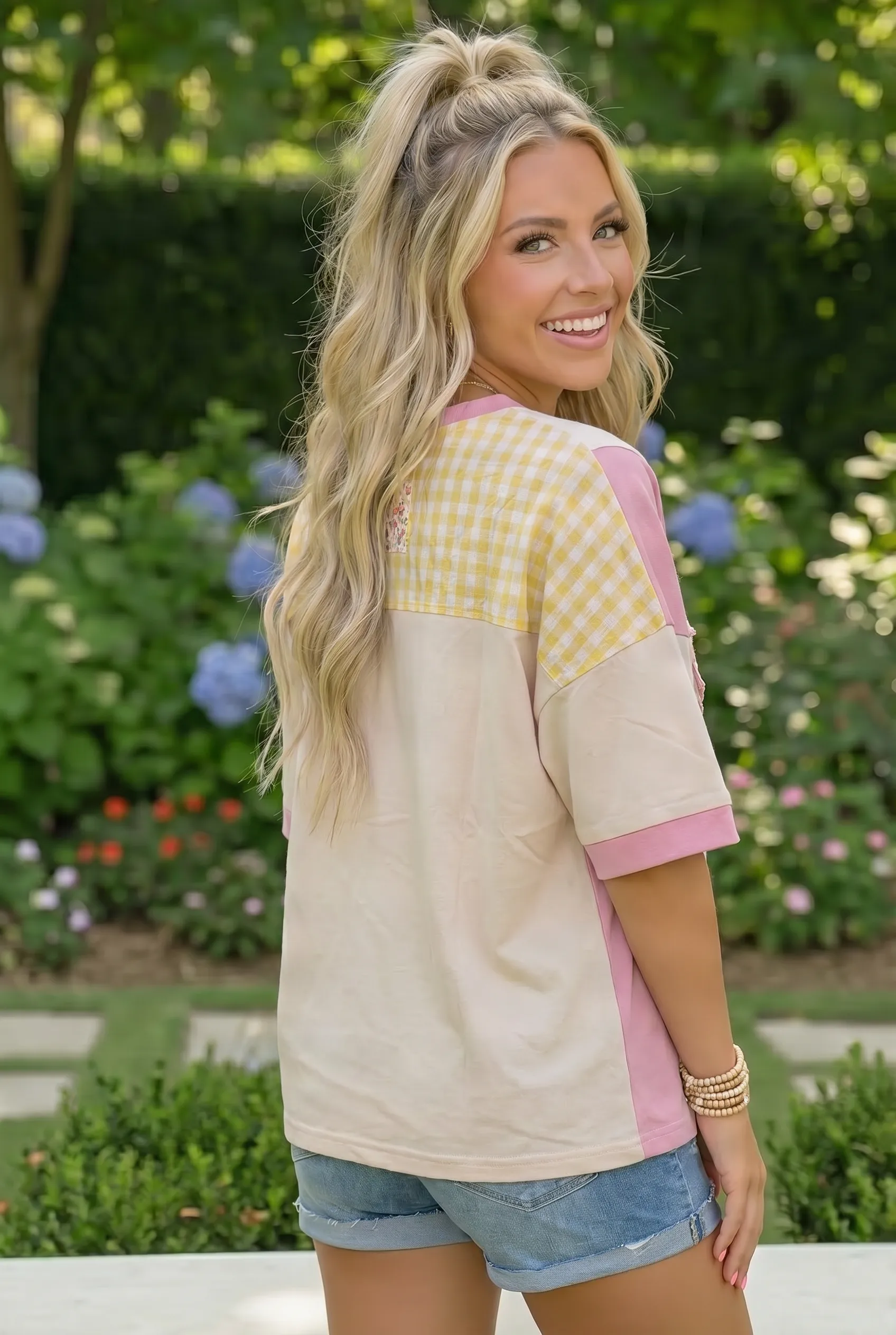 Patchwork Flower Oversized Tee in Pink and Yellow sold by Charming Charlie product image thumbnail 3