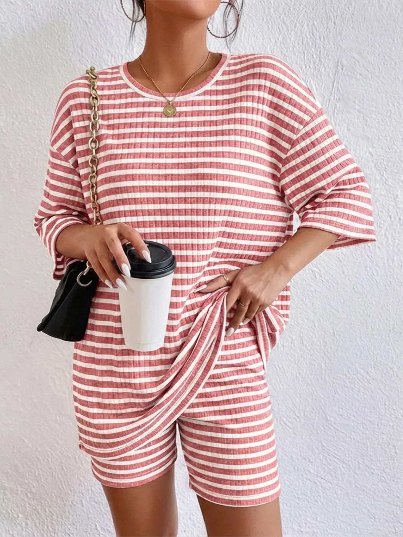Striped Round Neck Top and Shorts Set sold by Charming Charlie product image thumbnail 2