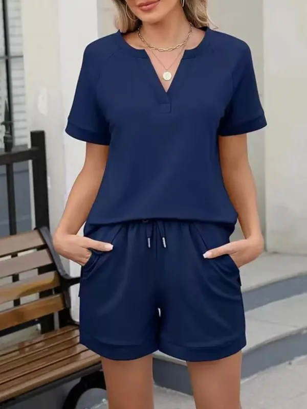 Solid Color Short Sleeve Top and Shorts Two-Piece Set made by Trendsi