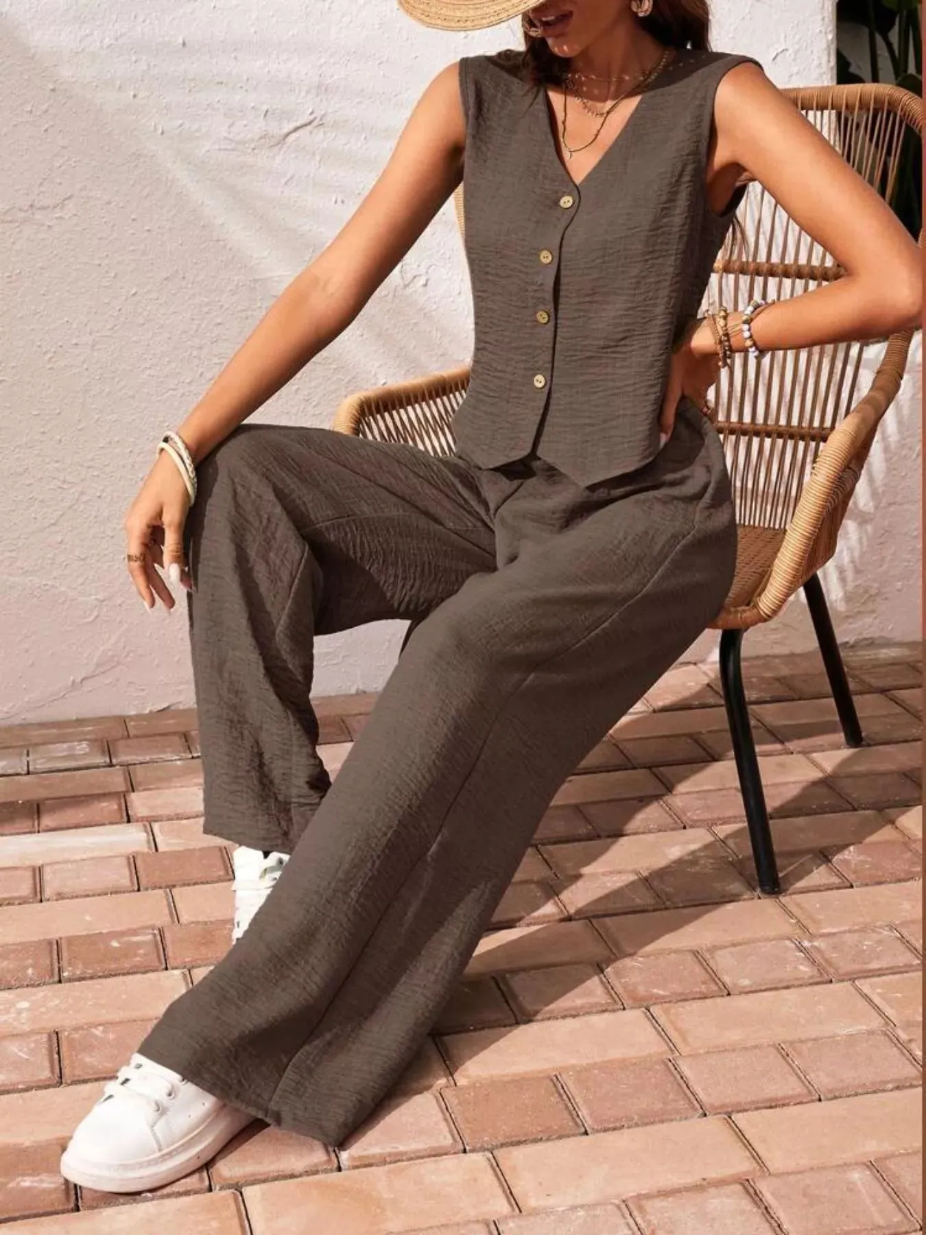 Button-Down Vest & Wide Leg Pants Set sold by Charming Charlie product image thumbnail 3