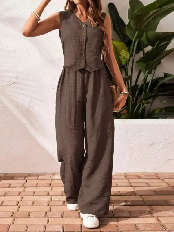 Button-Down Vest & Wide Leg Pants Set made by Trendsi