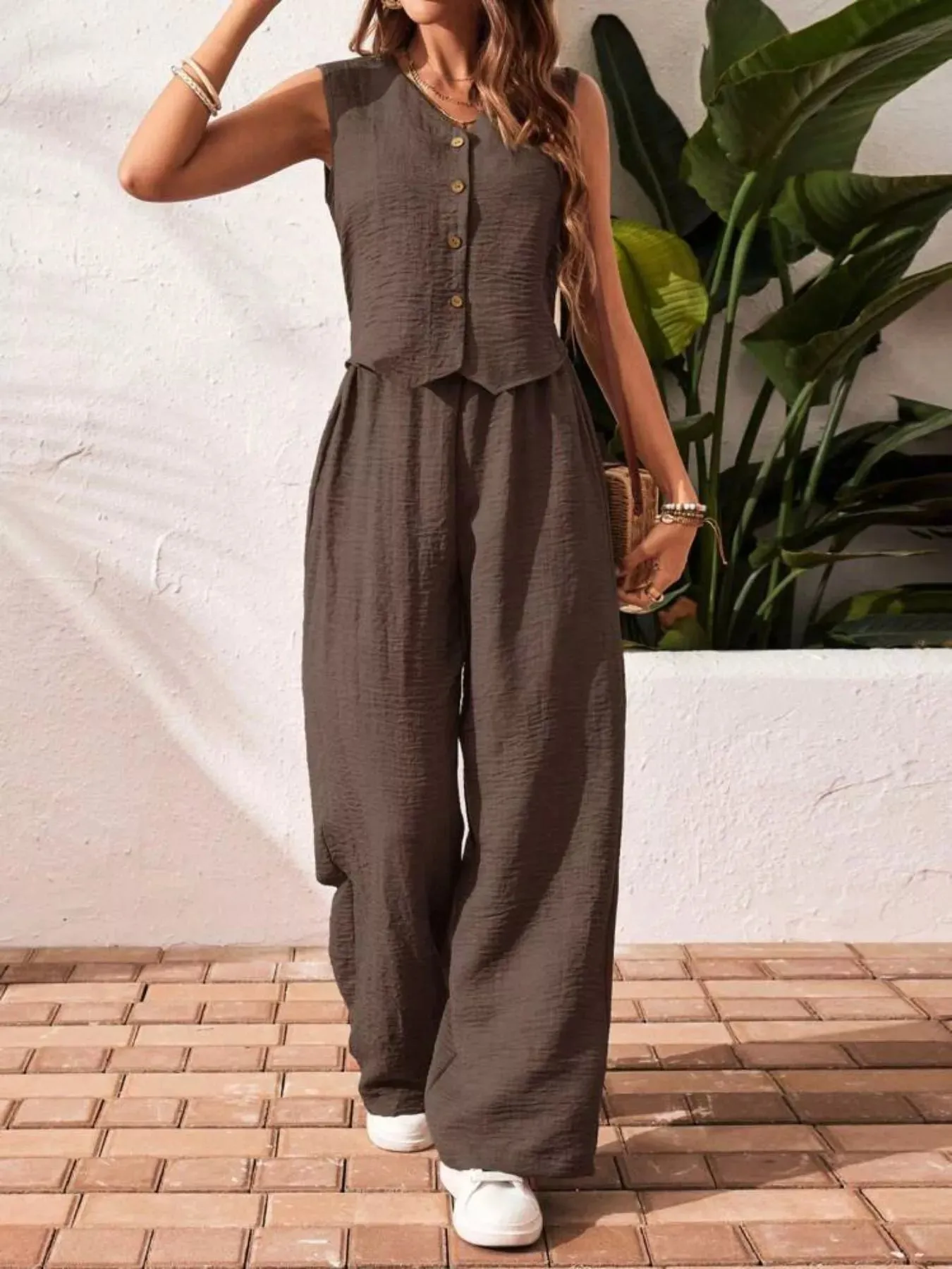 Button-Down Vest & Wide Leg Pants Set sold by Charming Charlie