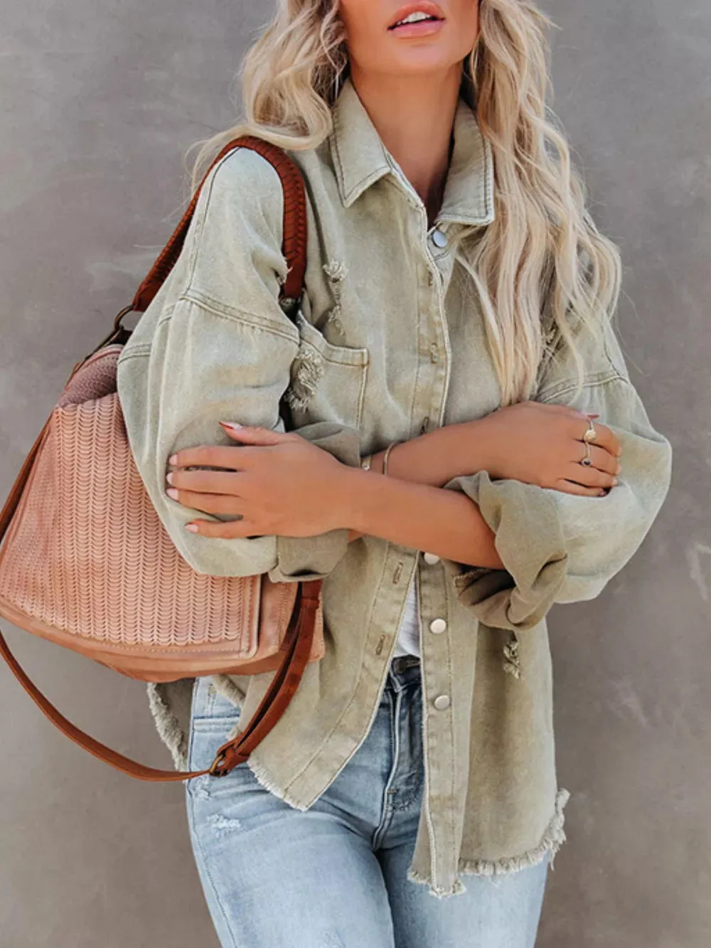 Raw Hem Button Up Denim Shacket sold by Charming Charlie product image thumbnail 2